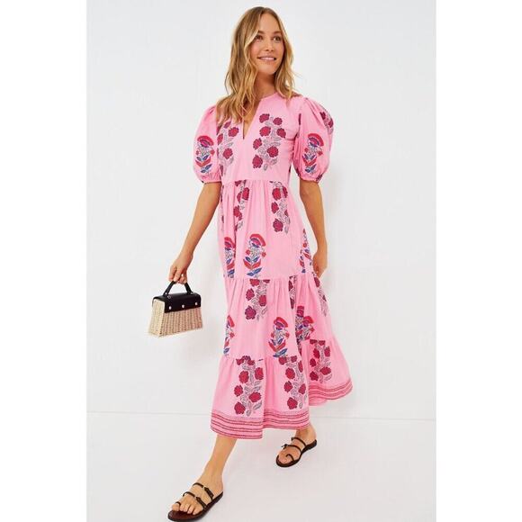 Oliphant Tuckernuck Boca Pink Puff Sleeve Maxi Midi Cotton Block Print Dress - Picture 1 of 16